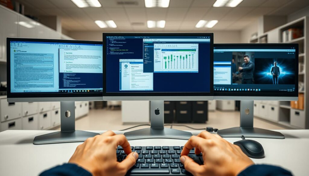 A clean, well-lit office workspace with multiple computer screens displaying various program windows open simultaneously. The foreground shows the user's hands hovering over a keyboard, suggesting active engagement. The middle ground focuses on the screens, each displaying a different software application - a text editor, a web browser, a spreadsheet, and a video player. The background provides a sense of depth, with a blurred office interior featuring filing cabinets, shelves, and subtle lighting to create a professional, productive atmosphere. The overall scene conveys the concept of managing multiple software programs concurrently, a key aspect of the "Mehrfachöffnung Programme" section.