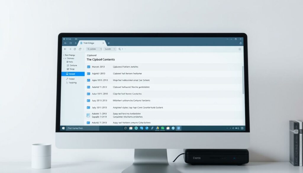 A clean, well-lit software interface displaying the contents of the clipboard, or Zwischenablage, on a modern desktop computer screen. The interface features a minimalist design with clearly organized sections for the clipboard history, allowing easy browsing and selection of previously copied items. The screen is rendered with a subtle depth of field, creating a sense of focus on the software's functionality. Soft, diffused lighting illuminates the scene, evoking a professional, productivity-oriented atmosphere. The overall composition is balanced and inviting, showcasing the utility of this system-level software tool.