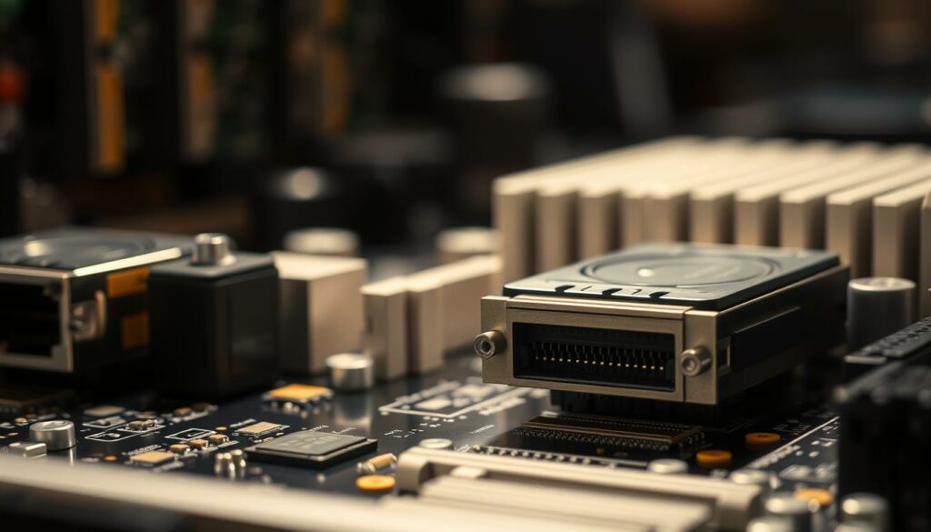 A detailed, high-resolution image of a computer bus driver, captured in a soft, warm lighting. The driver is shown in the foreground, surrounded by the intricate circuitry and components of a motherboard. The background features a subtle, blurred perspective of other computer hardware, creating a sense of depth and technical context. The image conveys the specialized and essential role of a bus driver in enabling seamless data communication within a computer system.