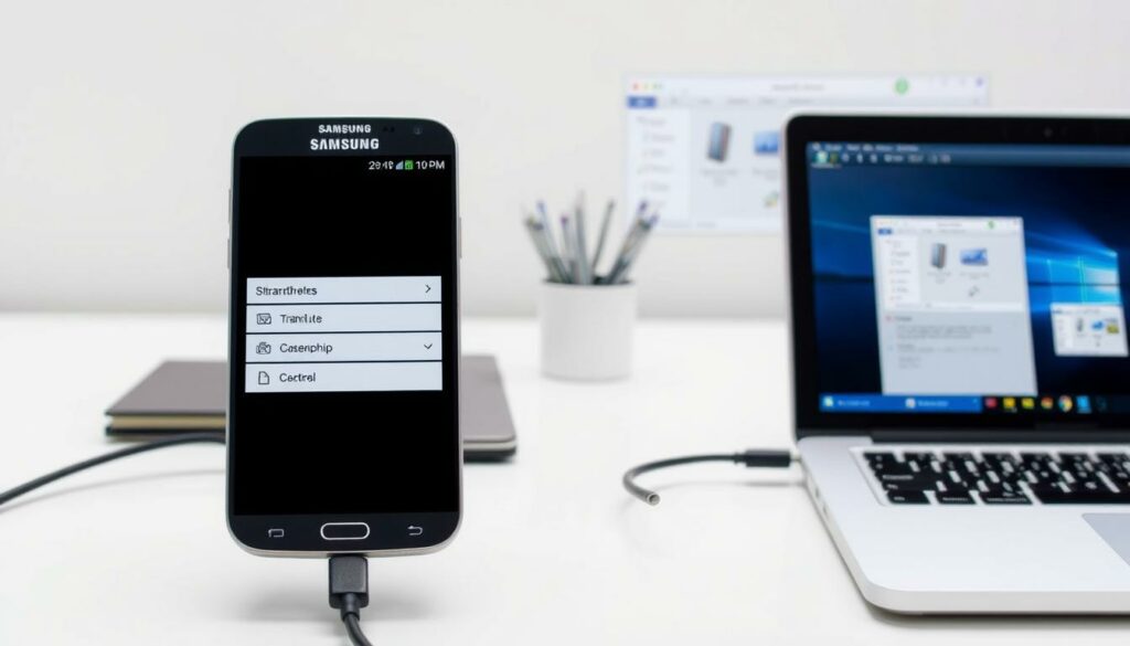 A detailed instructional diagram showcasing the process of transferring images from a Samsung smartphone to a personal computer. The foreground features a sleek Samsung handset connected to a laptop via a USB cable, the screen displaying file transfer options. The middle ground shows file explorer windows on the laptop, with intuitive drag-and-drop interactions. The background is a minimalist workspace with office accessories, conveying a productive, technology-focused atmosphere. Crisp, even lighting illuminates the scene, highlighting the seamless integration of devices. The composition emphasizes simplicity and user-friendliness, capturing the essence of the "Bilder übertragen Anleitung" topic.