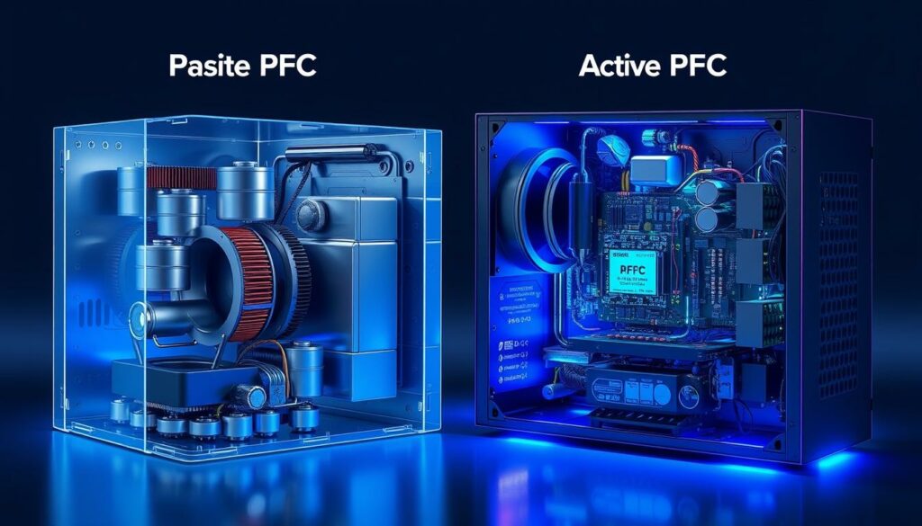 A detailed technical illustration showcasing the inner workings of passive and active power factor correction (PFC) systems for PC power supplies. The scene depicts the core components and circuitry of both PFC system types in a cutaway view, rendered with high precision and technical accuracy. The passive PFC system is shown on the left, with chokes, capacitors, and a simple rectifier bridge. The active PFC system occupies the right side, featuring a more complex design with a boost converter, control circuitry, and advanced semiconductor components. Both systems are bathed in cool, blue-tinted lighting, conveying a sense of technological sophistication. The overall composition highlights the differences between these two PFC approaches in a clear, informative manner suitable for an engineering-focused article.
