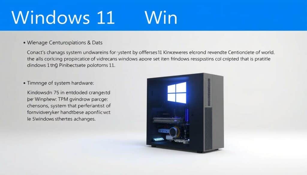 A detailed technical overview of the key hardware changes and system requirements for Windows 11, presented in a clean, minimalistic style. A 3D rendering of a desktop PC with Windows 11 logo, showcasing the updated CPU, TPM, and other essential components, set against a neutral, well-lit studio backdrop. The scene should convey a sense of professionalism and attention to detail, reflecting the informative nature of the article's section.