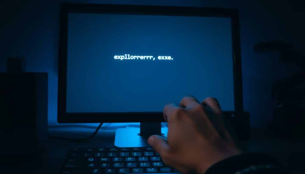 A dimly lit computer screen displaying the "explorer.exe" command prompt, illuminated by the soft glow of the monitor. In the foreground, a hand hovers over the keyboard, ready to execute the command. The scene is bathed in a somber, blue-tinted lighting, creating an atmosphere of contemplation and troubleshooting. The background is shrouded in shadows, drawing the viewer's attention to the focal point of the screen and the user's interaction with it. The composition is balanced, with the monitor positioned centrally and the hand occupying a natural, ergonomic position. The overall tone conveys the seriousness and importance of the troubleshooting task at hand.