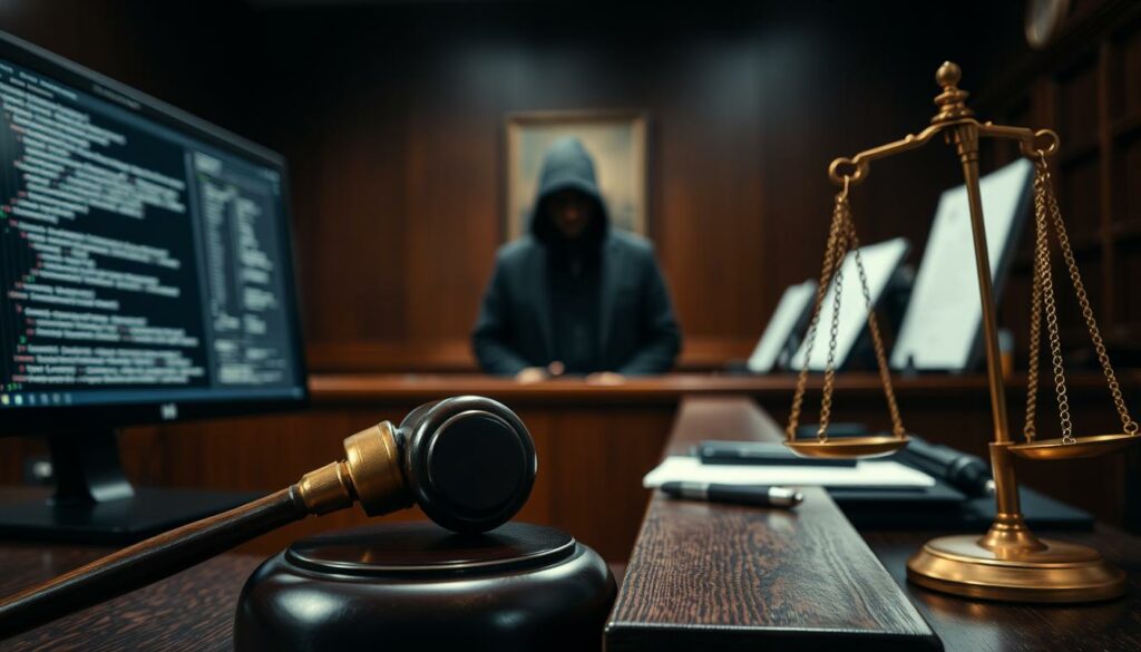 A dimly lit courtroom, with a gavel and scales of justice prominently displayed on a wooden bench. In the foreground, a computer screen shows various lines of code, hinting at the digital nature of the crime. The middle ground features a shadowy figure, seemingly a hacker, their face obscured but their body language conveying a sense of unease and tension. The background is blurred, but suggests the presence of legal documents and files, emphasizing the legal implications of the hacking incident. The scene is illuminated by a soft, dramatic lighting, creating a somber and serious atmosphere befitting the legal consequences of the hacking attack.