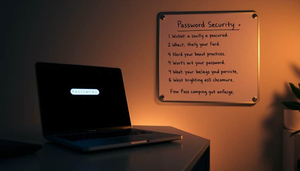A dimly lit home office with a laptop computer on a sleek, minimalist desk. The laptop screen displays a password entry field, symbolizing digital security. In the background, a wall-mounted whiteboard showcases a series of password security tips and best practices, presented in a clean, organized manner. The lighting is soft and warm, creating a contemplative atmosphere. The overall scene conveys the importance of establishing a robust password system for securing one's personal computer.