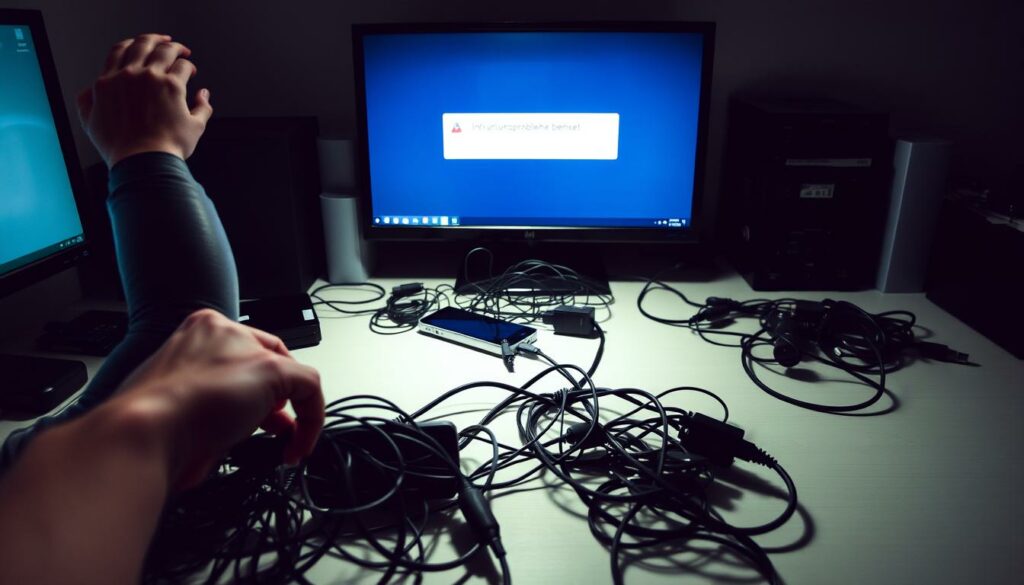A dimly lit office desk, the surface cluttered with various cables, adapters, and a smartphone. In the foreground, a pair of frustrated hands attempt to untangle the mess, while the background depicts a computer screen displaying an error message: "Übertragungsprobleme beheben". The lighting is soft and muted, casting shadows that accentuate the complexity of the task at hand. The overall atmosphere conveys a sense of technical frustration and the need to find a solution to the connectivity issue.