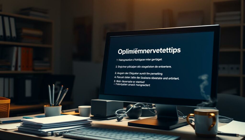 A dimly lit office setting with a desktop computer in the foreground. The screen displays a list of "Optimierungstipps" or optimization tips, the text in a clean, modern font. The desk is cluttered with office supplies and a steaming cup of coffee, creating a sense of focus and productivity. Warm, directional lighting illuminates the scene, casting subtle shadows and highlights. The background is slightly blurred, hinting at shelves of reference materials or other office decor, emphasizing the importance of the optimization tips on the screen. An atmosphere of thoughtful problem-solving and efficiency pervades the image.