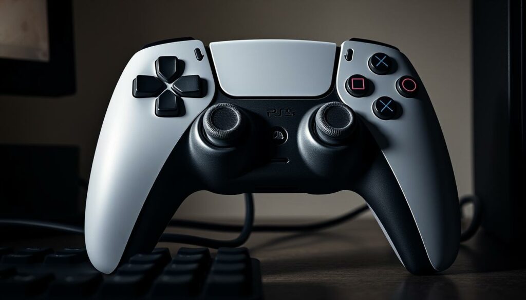 A disgruntled PS5 controller struggling to connect with a desktop PC, its buttons and analog sticks grimacing in frustration. The controller is rendered in a realistic, high-detailed style, with intricate textures and shadows. The scene is set against a muted, desaturated background, conveying a sense of technical issues and troubleshooting. Dramatic lighting casts dramatic shadows, emphasizing the controller's plight. The overall mood is one of exasperation and a need for problem-solving, reflecting the title "Bekannte Probleme und deren Lösungen."