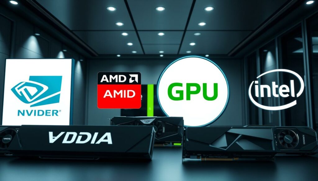 A group of prominent GPU manufacturers, showcased in a professional and sleek setting. In the foreground, the logos of leading brands like NVIDIA, AMD, and Intel are prominently displayed, each with a distinct color scheme and design. In the middle ground, detailed renderings of their latest high-performance graphics cards, showcasing their cutting-edge technology and processing power. The background features a minimalist, high-tech environment, with clean lines, metal accents, and subtle lighting that accentuates the products. The overall composition conveys a sense of innovation, technological prowess, and the importance of GPUs in modern computing.
