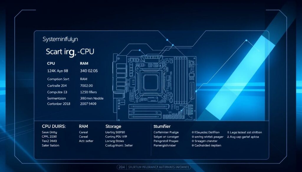 A high-resolution, detailed, and informative digital illustration of a computer system's "Systeminformationen" or system information screen. The foreground should display the main system details such as CPU, RAM, storage, and graphics card information, presented in a clean and organized layout. The middle ground could include a schematic diagram of the internal hardware components, with clearly labeled parts. The background should feature a minimalist, futuristic design with subtle gradients and geometric shapes to create a sense of depth and technical sophistication. Utilize a cool color palette of blues, grays, and whites to convey a professional, analytical atmosphere. Ensure the overall composition is visually balanced and intuitive to navigate, highlighting the key system information a user would need to understand their computer's hardware specifications.