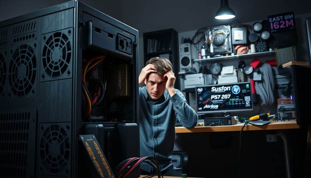 A large, imposing computer power supply unit (PSU) dominates the foreground, its components exposed and in disarray. The middle ground features a confused individual examining the PSU, scratching their head in bewilderment. In the background, a cluttered desk filled with various computer parts and tools sets the scene of a frustrated troubleshooting session. Dramatic lighting casts deep shadows, creating a sense of tension and uncertainty. The overall atmosphere conveys the common mistake of selecting an inadequate or incompatible PSU for a given PC configuration, a recurring issue that this section of the article aims to address.