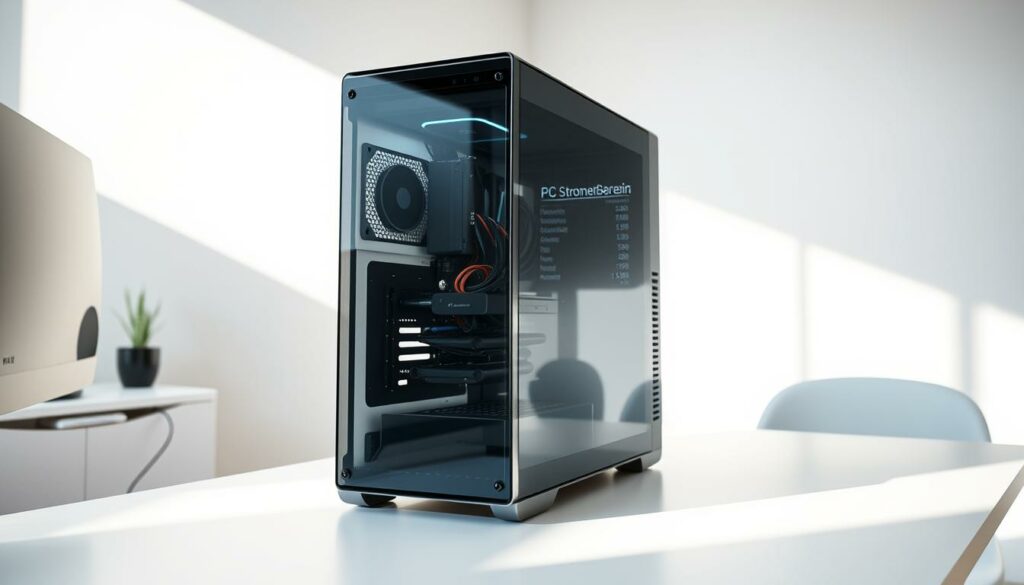 A meticulously designed, sleek desktop computer with a transparent case showcasing its internal components, placed on a minimalist, white desk in a bright, modern office setting. Soft, natural lighting illuminates the scene, casting subtle shadows and highlights that accentuate the PC's elegant lines and glossy surfaces. The desktop displays a complex spreadsheet, titled "PC Stromkosten Berechnung," detailing power consumption and energy costs, reflecting the analytical and informative nature of the article's subject matter. The overall mood is one of efficiency, technology, and a practical, data-driven approach to understanding the energy usage of personal computers.