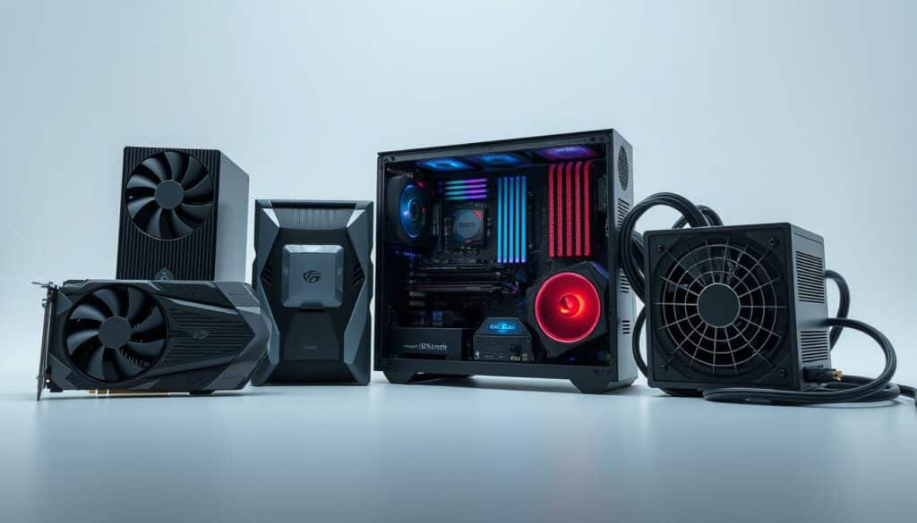 A meticulously engineered collection of specialized computer hardware components, including a cutting-edge graphics processing unit, a high-performance CPU, an advanced motherboard, and a state-of-the-art power supply unit. The scene is set against a clean, minimalist background, with precise lighting that highlights the sleek, modern design of the parts. The components are arranged in a visually appealing, symmetrical layout, conveying a sense of technological sophistication and precision. The overall mood is one of efficiency, reliability, and the power of a well-crafted PC setup.