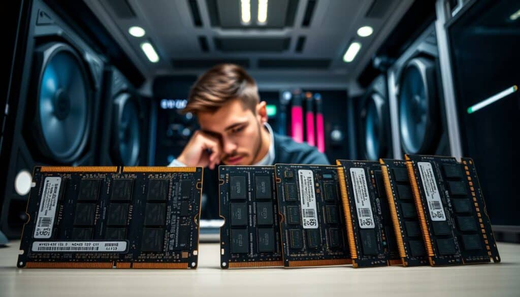 A modern, high-tech computer setup with various RAM modules in the foreground, showcasing their capacity and compatibility. In the middle ground, a person is carefully examining the RAM, deep in thought, as if determining the optimal amount required for their system. The background features a sleek, minimalist workspace with clean lines and a neutral color palette, creating an atmosphere of efficiency and problem-solving. The lighting is soft and directional, highlighting the intricate details of the RAM modules and the person's contemplative expression. The overall composition and mood convey the dilemma of determining the appropriate RAM requirements for one's specific computing needs.