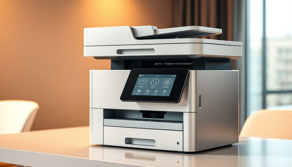 A modern office multifunction printer, standing on a sleek, minimalist desk. The device features a crisp, high-resolution touchscreen display, with clear, intuitive icons for the scanning function. Warm, indirect lighting illuminates the scene, casting a soft glow on the brushed metal and glossy white finish of the printer. The overall atmosphere is one of efficiency and professionalism, inviting the user to effortlessly digitize their physical documents. The printer's placement and orientation suggest it is readily accessible, seamlessly integrated into the workspace.