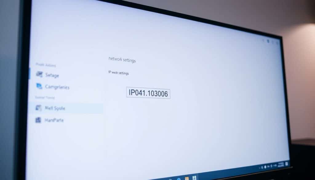 A modern, sleek computer desktop with a focused view on the network settings panel, showcasing the IP address prominently displayed. The screen has a clean, minimalist user interface with clear labeling and intuitive navigation. The lighting is soft and diffused, creating a professional and informative atmosphere. The camera angle is slightly elevated, providing a clear and unobstructed view of the screen. The overall scene conveys a sense of technological competence and ease of accessing important network information.