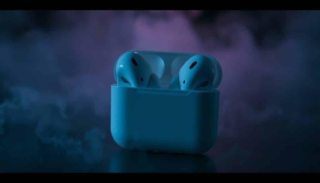 A pair of wireless AirPods with a distressed, glitching visual effect, surrounded by a hazy, static-filled atmosphere. The earbuds appear to be disconnected, with a subtle aura of frustration and confusion emanating from the scene. The lighting is moody, with cool tones and dramatic shadows, creating a sense of technical difficulty and unresolved issues. The composition should emphasize the AirPods and their disconnected state, with the background elements serving to enhance the overall tone of connectivity problems.