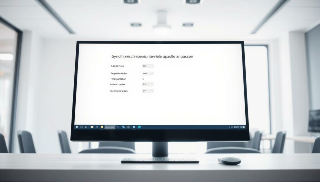 A pristine desktop computer screen in a bright, airy office setting. The screen displays a detailed settings panel with labeled options for "Synchronisationsintervalle anpassen" (Adjust Synchronization Intervals). The panel is illuminated by soft, even lighting, casting subtle shadows that give depth and dimensionality to the interface elements. The desktop surface is clean and uncluttered, allowing the screen to be the focal point. The overall atmosphere conveys a sense of precision, professionalism, and functionality, guiding the viewer's attention to the task of properly configuring the computer's time synchronization settings.