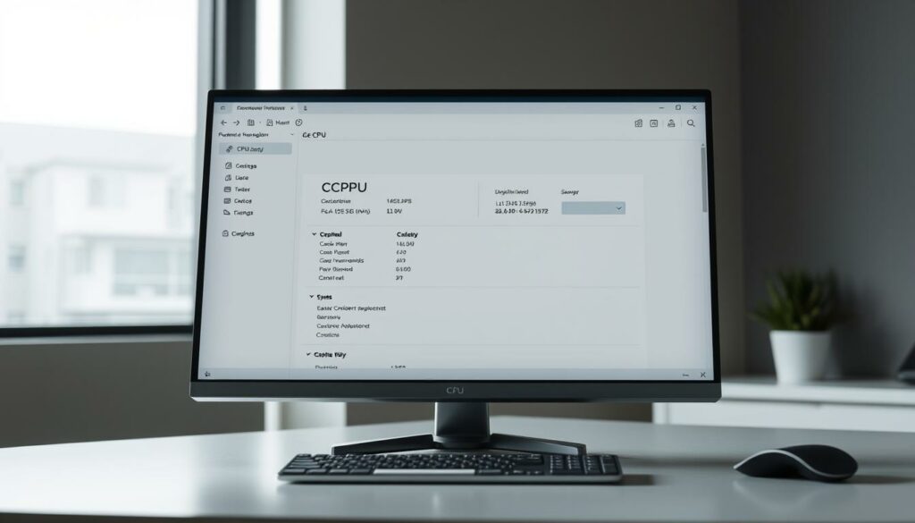 A professional software application for CPU identification, displayed on a sleek, modern computer desktop. The interface features a clean, intuitive layout with clearly labeled sections for CPU information, including manufacturer, model, clock speed, and other technical details. The application is presented in a minimalist style, with a neutral color palette and subtle shadows that give the components a sense of depth and dimensionality. The overall atmosphere conveys a sense of efficiency and attention to detail, reflecting the purpose of the software. The desktop environment is well-lit, with a soft, diffused lighting that creates a calm and focused mood, suitable for a professional task like hardware diagnostics.