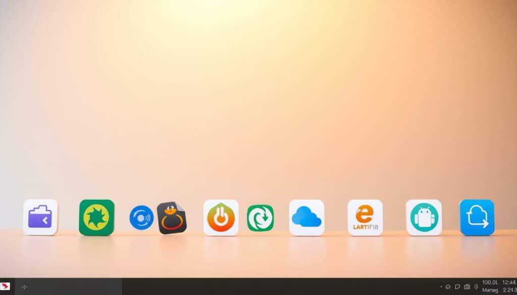 A sleek and intuitive desktop interface showcasing a variety of file transfer apps, their logos, and icons. The apps are arranged neatly, each with a distinct design and color palette, hinting at their specialized capabilities. The background is a soft, muted gradient, allowing the apps to take center stage. The lighting is even and warm, creating a professional and approachable atmosphere. The camera angle is slightly elevated, giving a sense of overview and control, reflecting the ease of use and accessibility of the featured file transfer solutions.