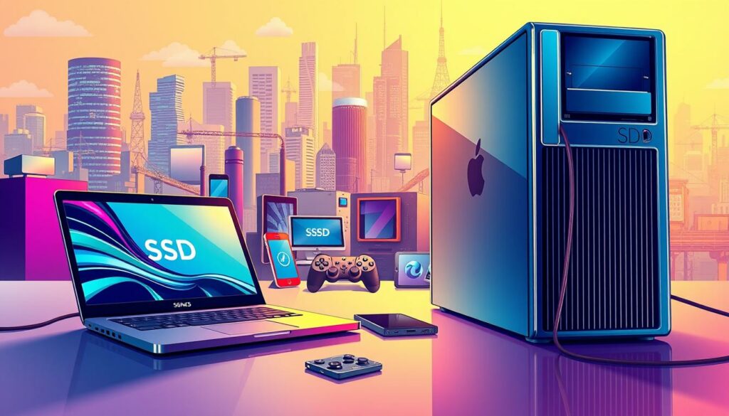 A vibrant and colorful illustration showcasing the diverse applications of solid-state drives (SSDs). In the foreground, a sleek laptop and a high-performance desktop computer, both equipped with SSD storage, highlighting their lightning-fast boot times and responsive performance. In the middle ground, various devices like smartphones, tablets, and gaming consoles, all benefiting from the speed and reliability of SSD technology. In the background, a bustling cityscape representing the integration of SSDs in modern infrastructure, such as data centers, cloud storage, and industrial applications. The scene is illuminated by a warm, diffused lighting, creating a sense of depth and showcasing the versatility of SSDs across a wide range of computing and digital storage needs.