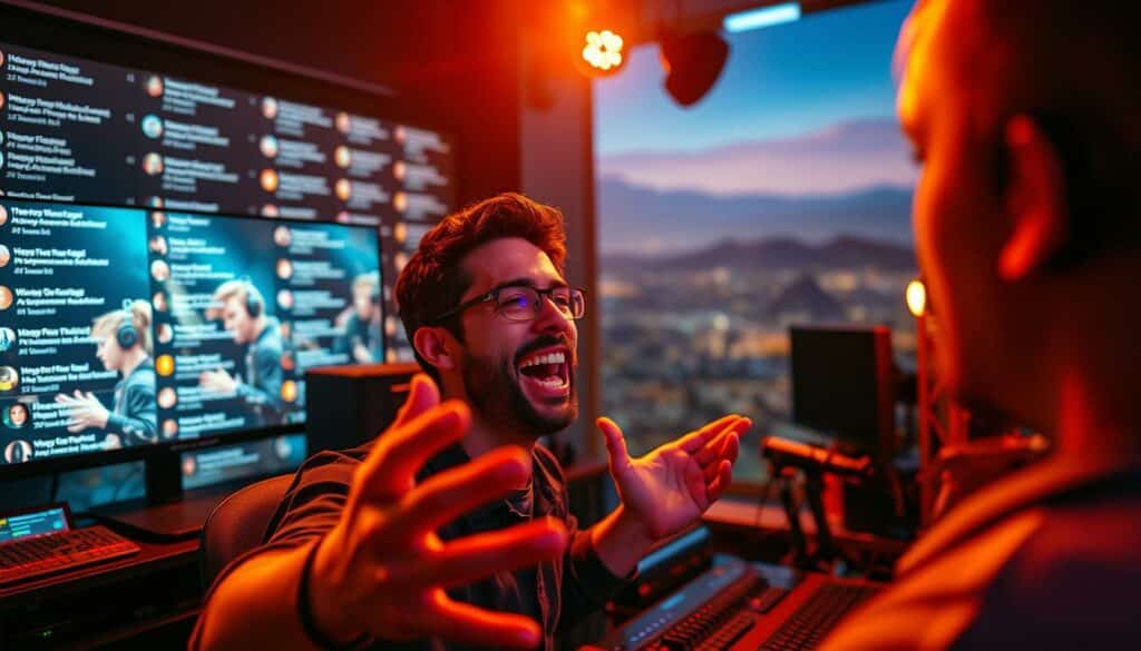 A vibrant scene of Twitch interaction, captured in a cinematic frame. In the foreground, a streamer gesticulates passionately, their face animated with enthusiasm as they engage with their audience. Behind them, a dynamic display of live chat messages flickers, a tapestry of reactions and comments. The middle ground features the streamer's setup, a meticulously curated arrangement of high-tech equipment, creating an immersive, professional atmosphere. In the background, a blurred landscape of digital environments and virtual worlds, hinting at the boundless possibilities of the platform. Warm, theatrical lighting illuminates the scene, casting a subtle glow and emphasizing the energy and excitement of the interactive experience. The composition is balanced, drawing the viewer's eye to the central focus of the streamer's performance and the vibrant exchange with their community.