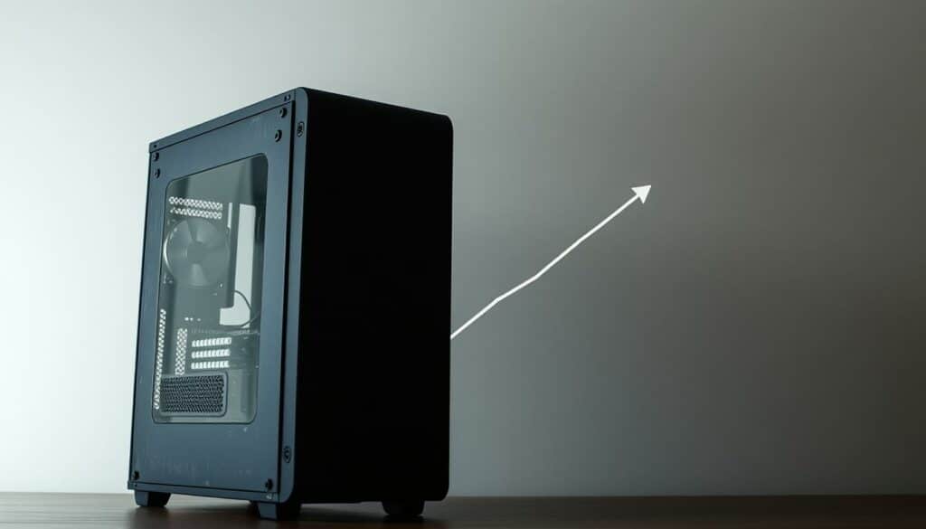 A weathered PC tower standing prominently in the foreground, its outer casing showing signs of wear and tear. The components inside dimly visible through transparent panels, hinting at the hardware's deterioration over time. In the middle ground, a graph depicting the steady decline in the PC's market value, represented by a steadily descending line against a neutral background. The lighting is soft and muted, casting a somber, introspective mood over the scene. The overall composition conveys the message of a computer's gradual depreciation and the importance of understanding its lifespan.