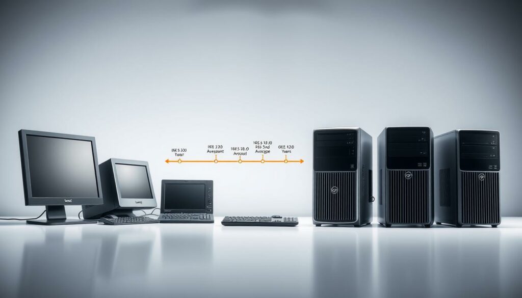 A well-lit, highly detailed infographic depicting the typical lifespan of personal computers. The foreground shows several PC models in various stages of use, ranging from brand new to heavily worn. The middle ground features a timeline visualizing the average years of productive use for different PC components, with annotated data points. The background blends a soft gradient of grays and blues, creating a sense of digital space. Crisp lines, clean typography, and a minimalist aesthetic convey the technical nature of the subject matter. The overall composition strikes a balance between analytical data and visual storytelling, providing a clear, informative illustration of a PC's "Lebensdauer".