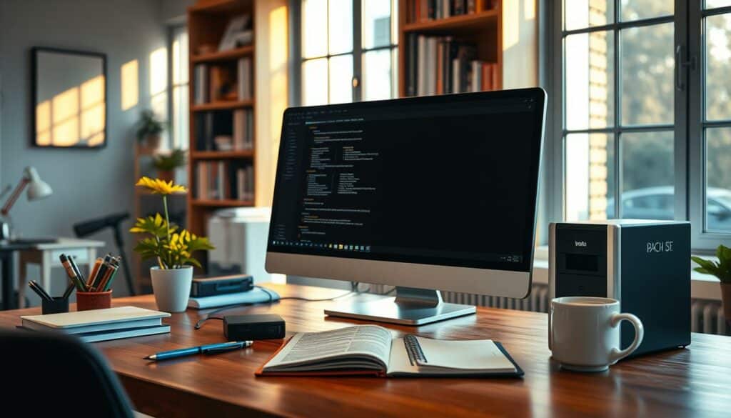 A well-organized office workspace with a desktop computer, an external hard drive, and a backup device prominently displayed. The scene is bathed in warm, natural lighting that filters through large windows, creating a sense of security and order. Carefully arranged stationery, a notebook, and a cup of coffee on the desk suggest a mindful approach to data management. The background features shelves filled with relevant books and manuals, hinting at the user's expertise. The overall atmosphere conveys a practical and reassuring message about data preservation strategies.