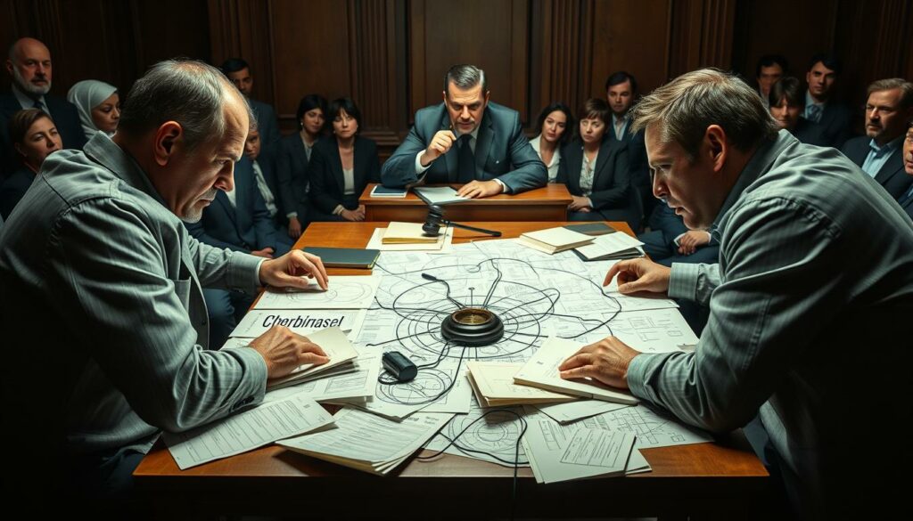 An intense courtroom scene, the air thick with tension. In the foreground, two inventors locked in a fierce patent dispute, their bodies leaning forward, eyes narrowed in determination. A maze of legal documents and blueprints litters the table between them, a visual representation of the complex web of intellectual property rights. The judge presides over the proceedings, brow furrowed, gavel poised, their face a stoic mask. Dramatic lighting casts deep shadows, creating a sense of high stakes and unresolved conflict. In the background, spectators watch the drama unfold, their expressions a mix of curiosity and concern. This image captures the essence of the "Patentstreitigkeiten" and the personal struggle for recognition that often accompanies technological innovation.