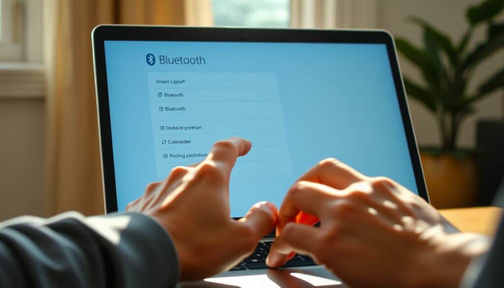 An ultra-detailed, high-resolution image of a person's hands interacting with the Bluetooth settings on a laptop computer screen, showcasing the process of enabling Bluetooth on a PC. The scene is brightly lit with natural sunlight streaming in from a window, casting a warm, inviting glow. The laptop is positioned at a slight angle, revealing its sleek, modern design. The person's fingers delicately navigate through the Bluetooth menu, emphasizing the intuitive user experience. The background is blurred, keeping the focus on the task at hand. The overall atmosphere is one of ease and clarity, conveying the straightforward nature of activating Bluetooth on a personal computer.